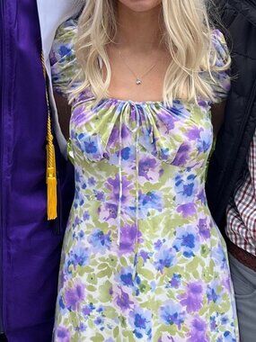 Bright green blue and purple floral milkmaid style midi dress with size zipper